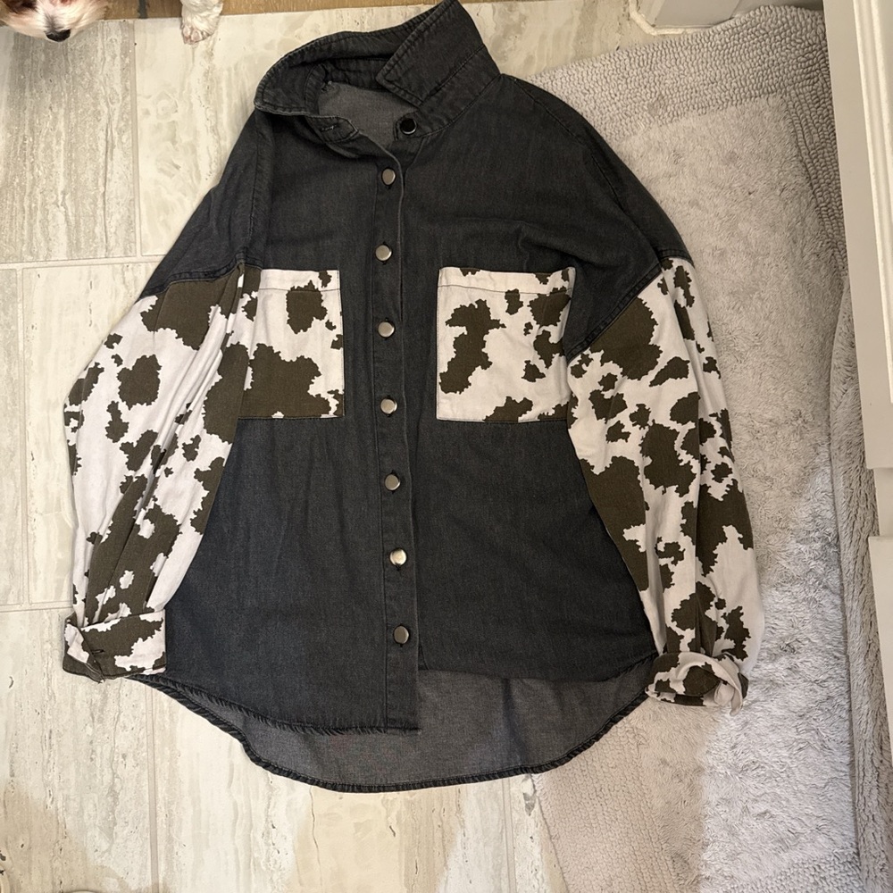 Black and White cow print Button-Up jacket boyfriend fit- slightly oversized.
